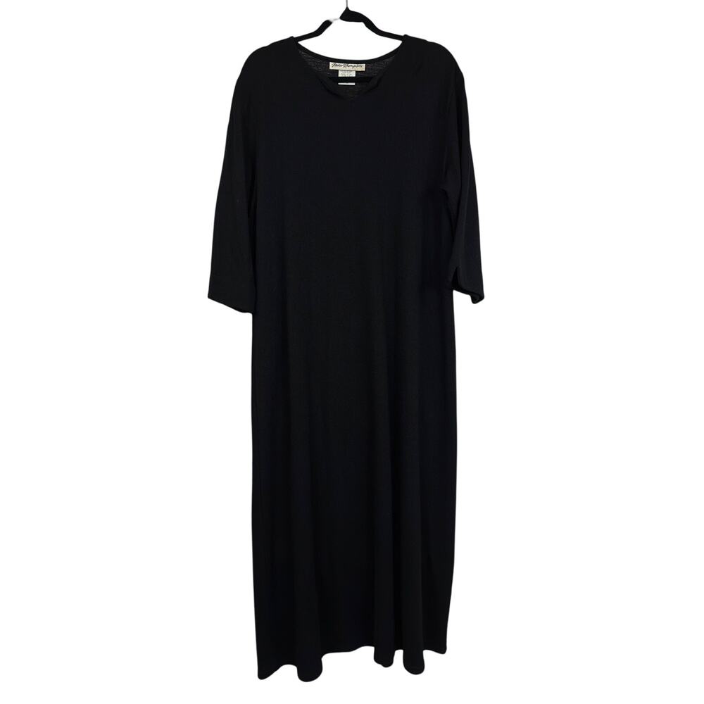 Vintage Norm Thompson 2X Black 100% Wool V-Neck 3/4 Sleeve Maxi Dress USA